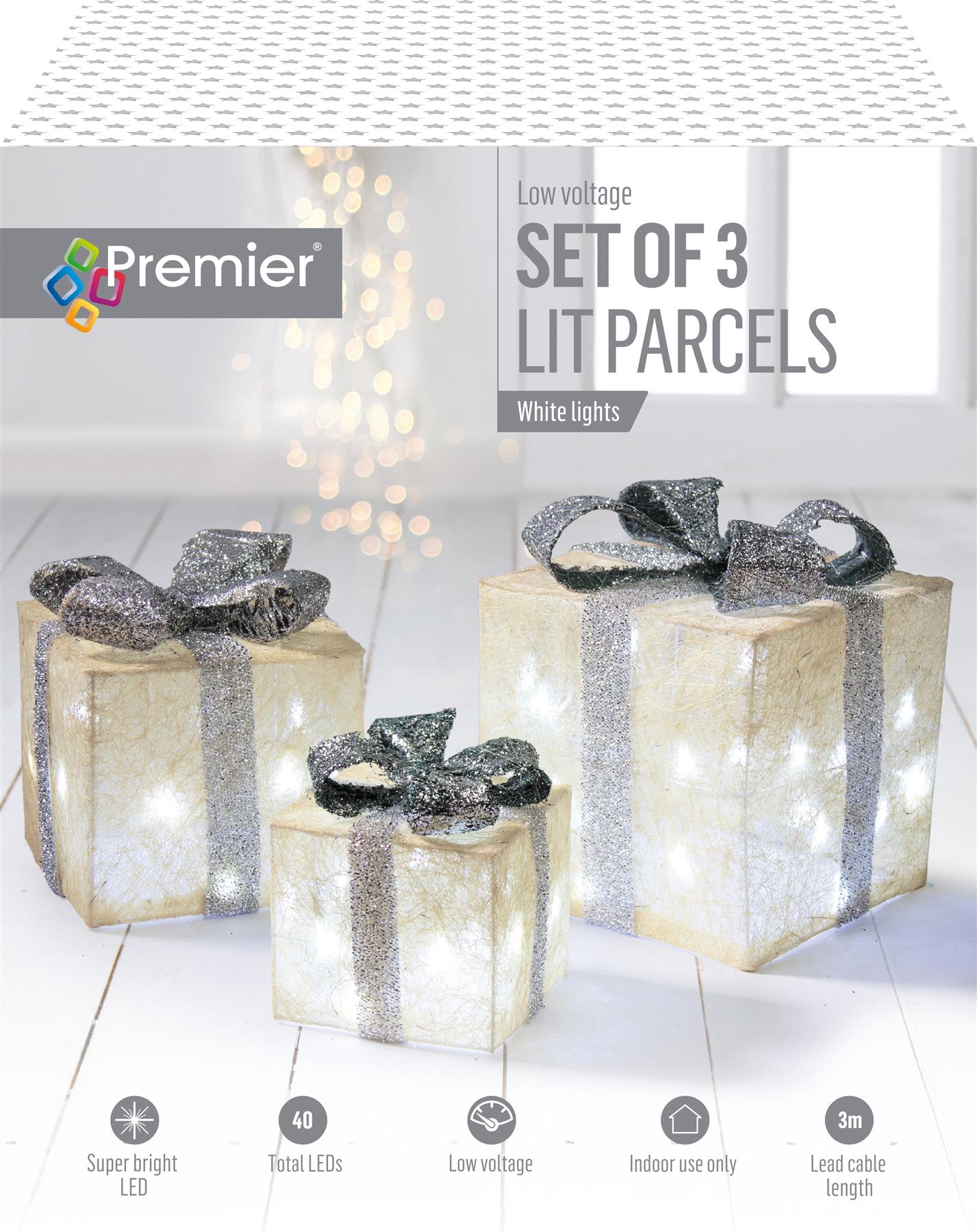 Set of 3 Lit Parcels Silver/ White