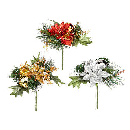 16cm Poinsettia and Bauble Christmas Pick 3 Asst Colour