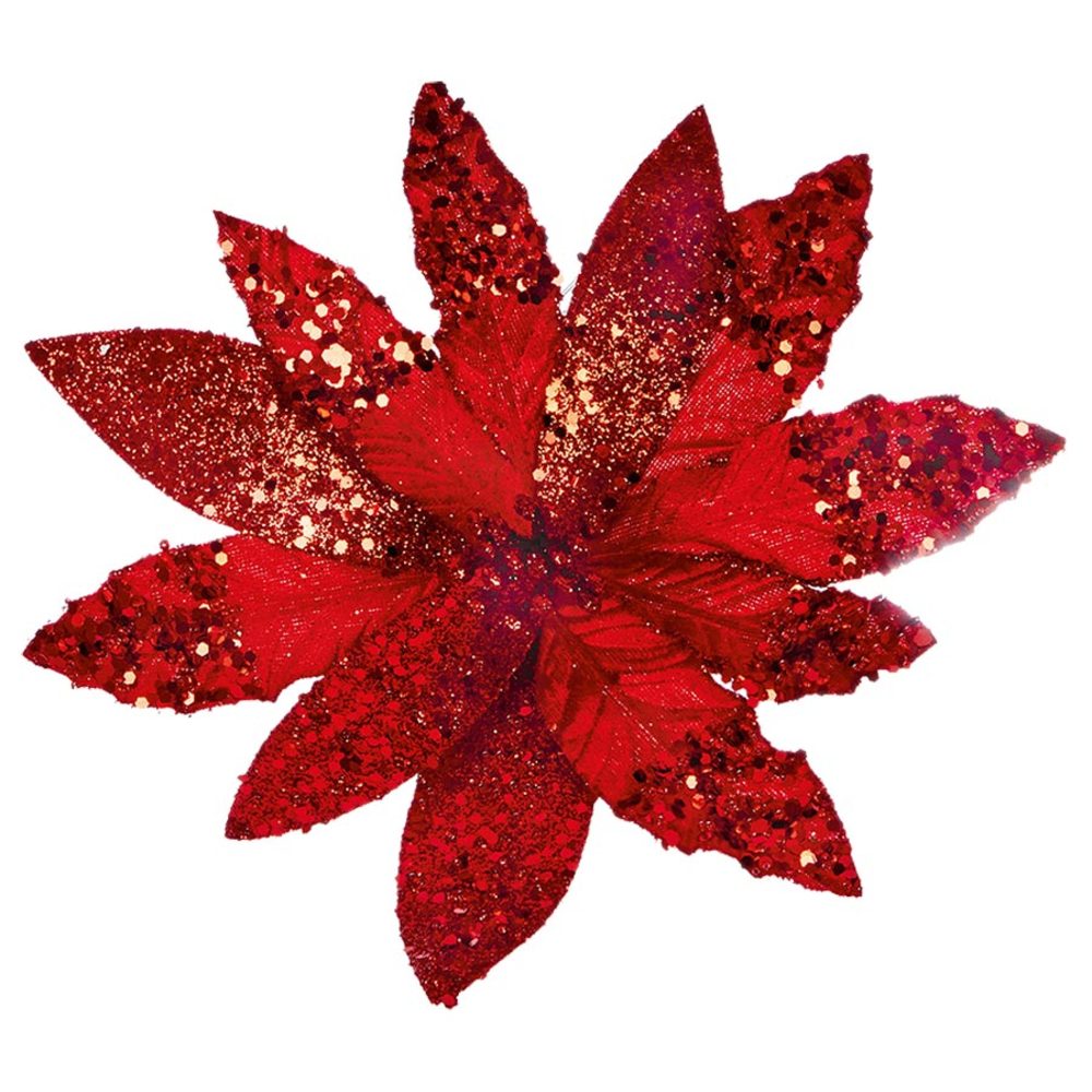 26cm Red Sequin & Glitter Poinsettia Clip