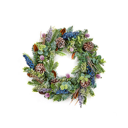 50cm Eucalyptus Thistle Christmas Wreath with Blackberry and Cones