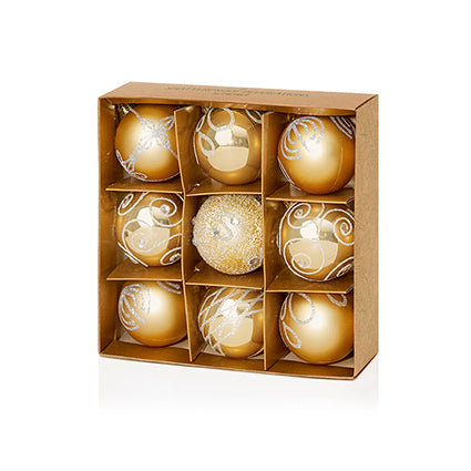 60mm 9pc Champagne Gold Decorated Shatterproof Baubles