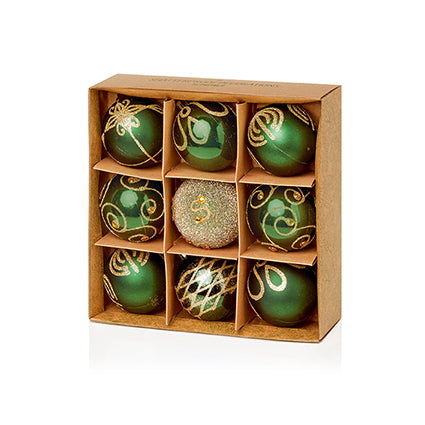60mm 9pc Dark Green Decorated Shatterproof Baubles