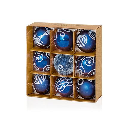 60mm 9pc Midnight Blue Decorated Shatterproof Baubles