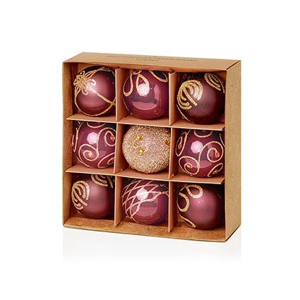 60mm 9pc Plum Decorated Shatterproof Baubles