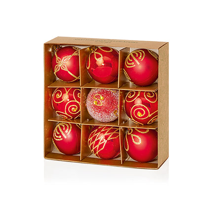 60mm 9pc Red Decorated Shatterproof Baubles