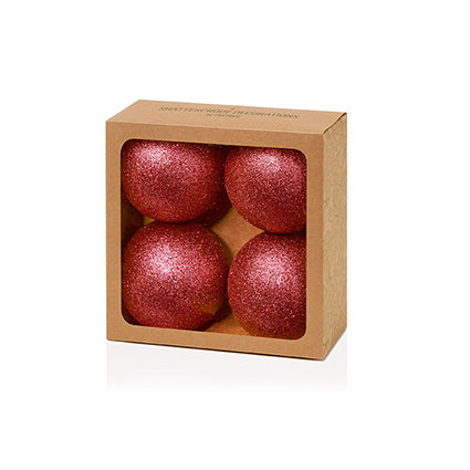 100mm 4pc Red Glitter Shatterproof Baubles