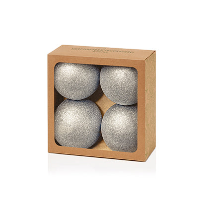 100mm 4pc Silver Glitter Shatterproof Baubles