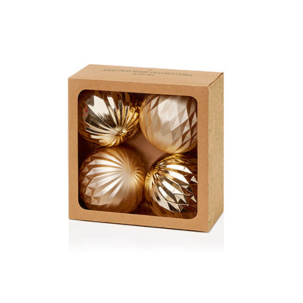 80mm 4pc Champagne Gold Geo Design Shatterproof Baubles