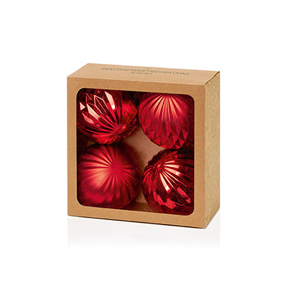 80mm 4pc Red Geo Design Shatterproof Baubles