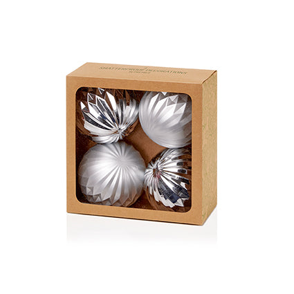 80mm 4pc Silver Geo Design Shatterproof Baubles
