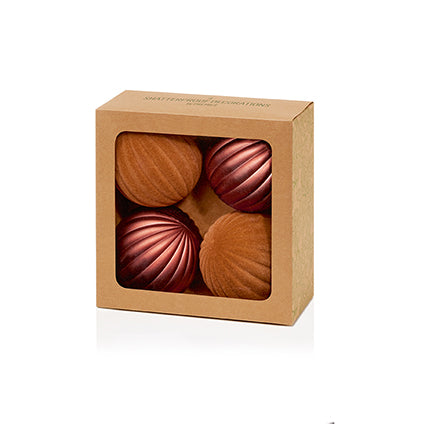 80mm 4pc Sepia Flock and Matt Pumpkin Shatterproof Baubles