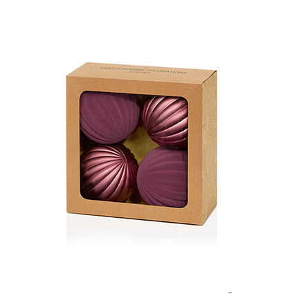 80mm 4pc Plum Flock and Matt Pumpkin Shatterproof Baubles