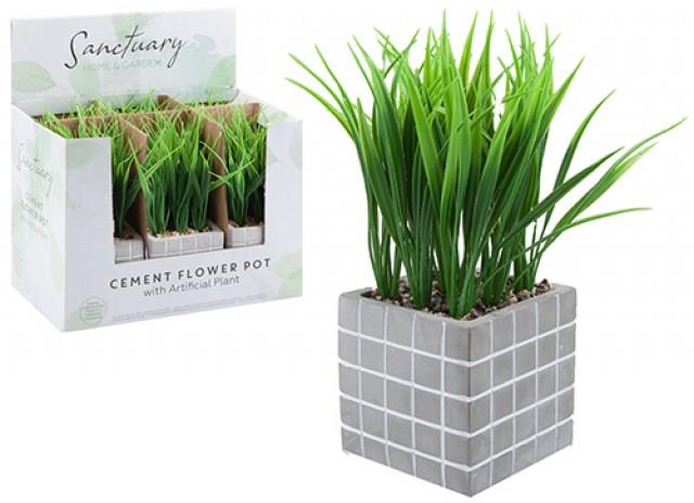 Cement Square Pot With Grass
