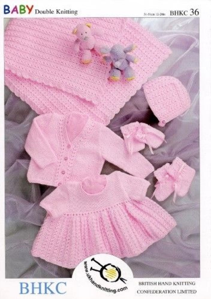 Baby Cardigan, dress, hat, mittens and bootees knitting pattern - UKHKA36