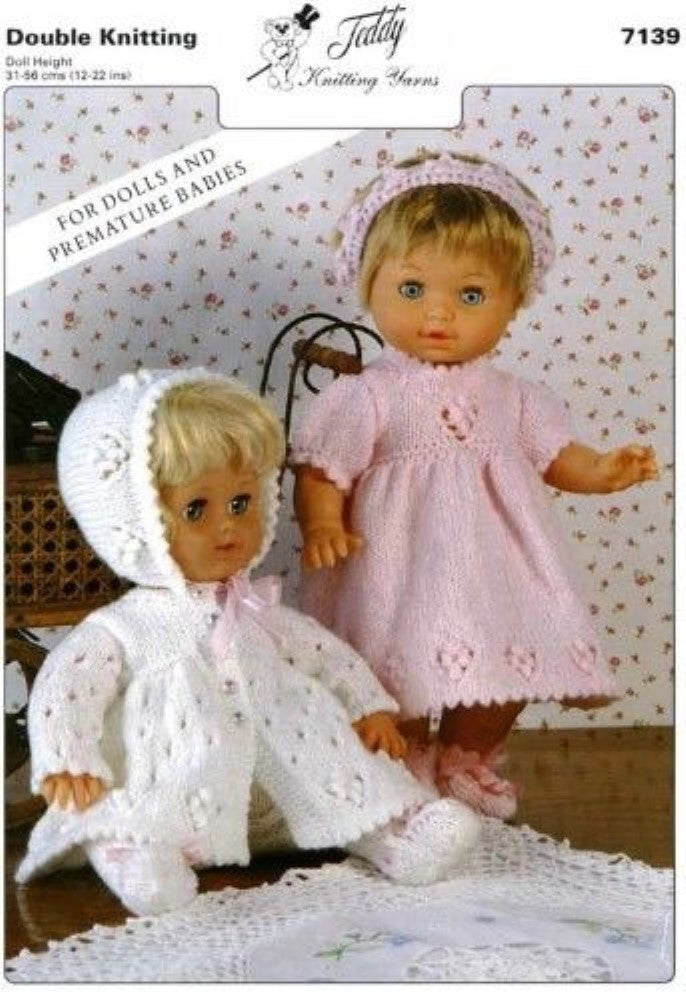 Dolls Matinee Coat, Bonnet, Hairband and Dress Knitting Pattern - 7139
