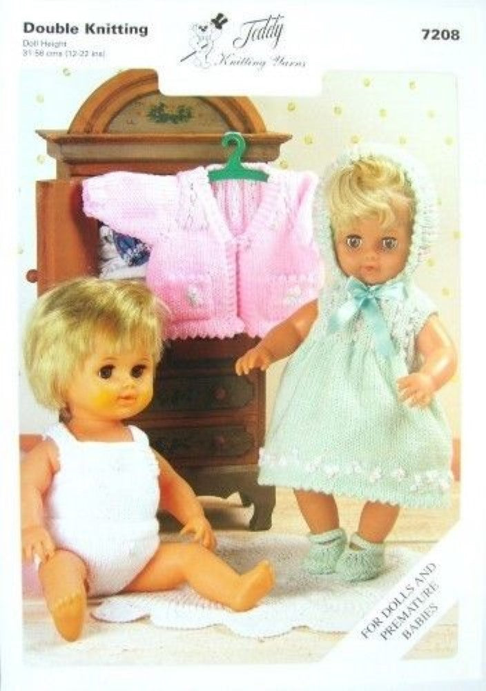 Dolls and Premature Babies Dress, Cardigan and Bootees Knitting Pattern - 7208