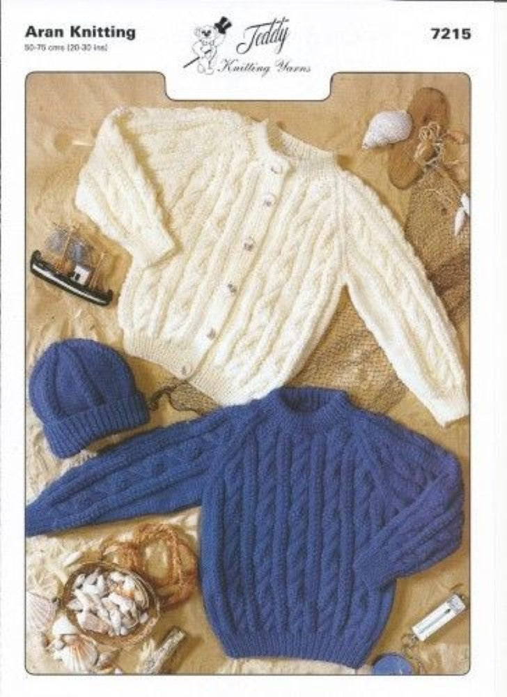 Children's Aran Wool Jumper, Cardigan and Hat Knitting Pattern - 7215