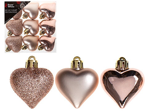 9 Rose Gold Heart Baubles