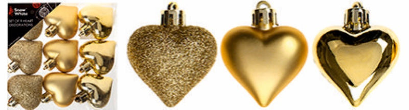 9 Gold Heart Baubles