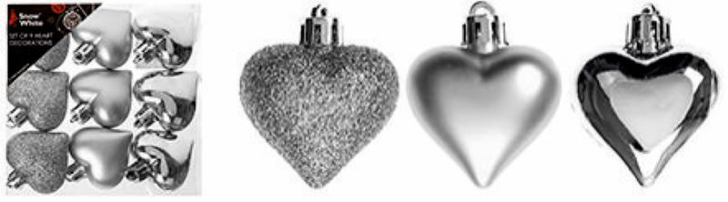 9 Silver Heart Baubles