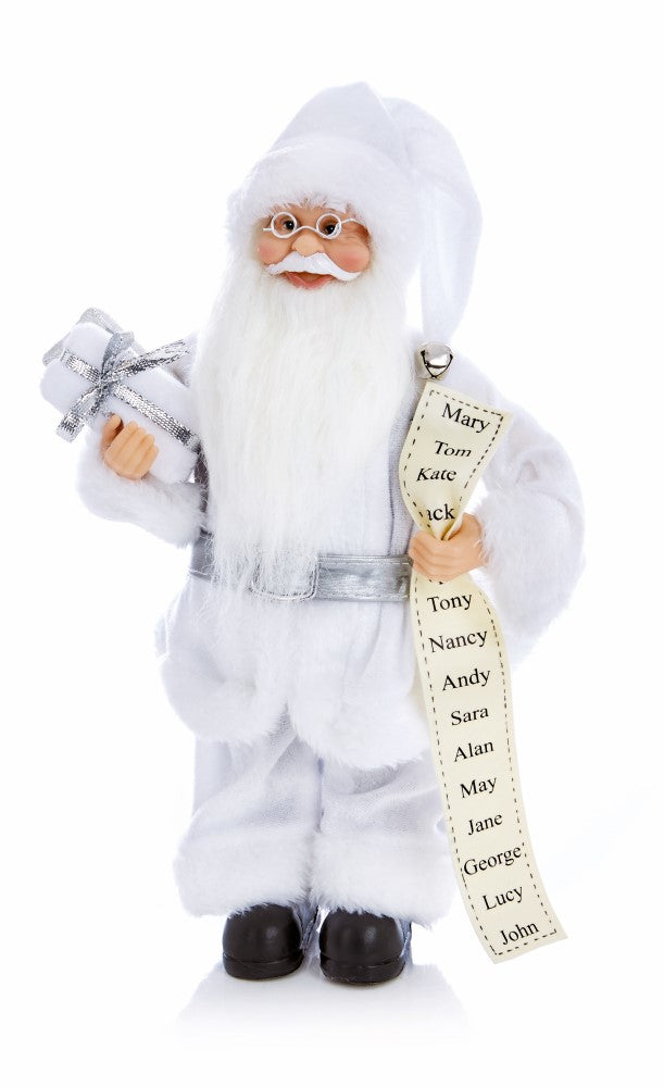 30cm Standing Santa with List - White