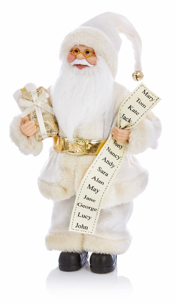 30cm Standing Santa with List - Cream & Gold